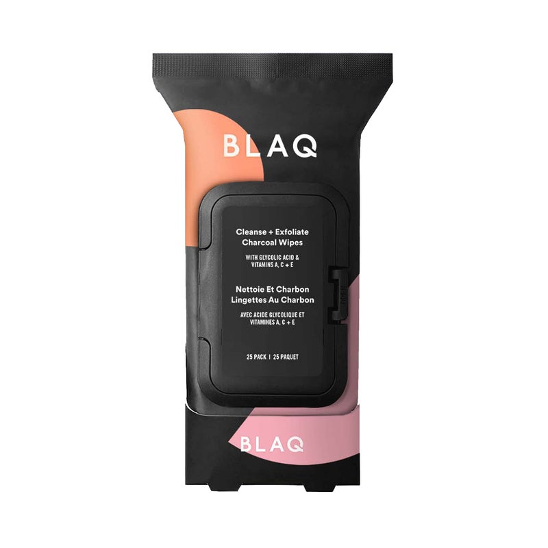 Blaq مناديل الوجه بالفحم النشط من BLAQ - مناديل تنظيف الوجه بالفحم ذات الجانبين - مزيل مكياج، مقشر معزز بـ AHA، تنظيف المسام للبشرة المعرضة لحب الشباب - مناديل غسل الوجه بحجم السفر - 25 قطعة - Image 1
